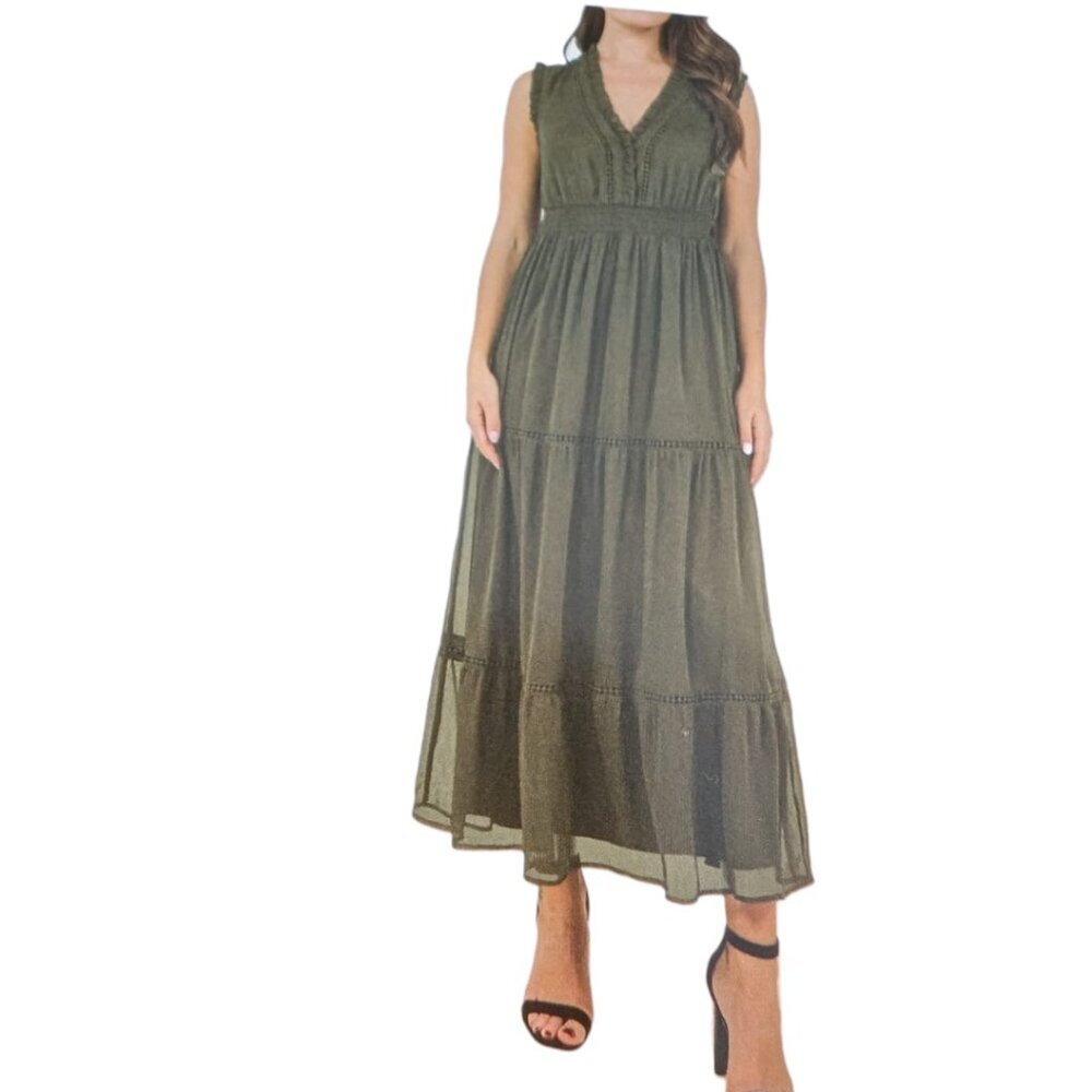 Olive Green V-Neck Tiered Maxi Dress